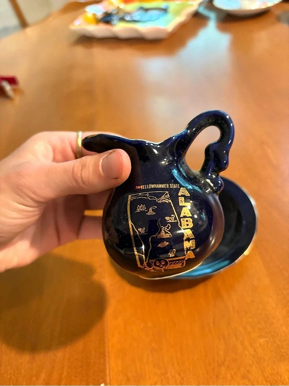 Blue Ceramic Creamer Pitcher & Saucer